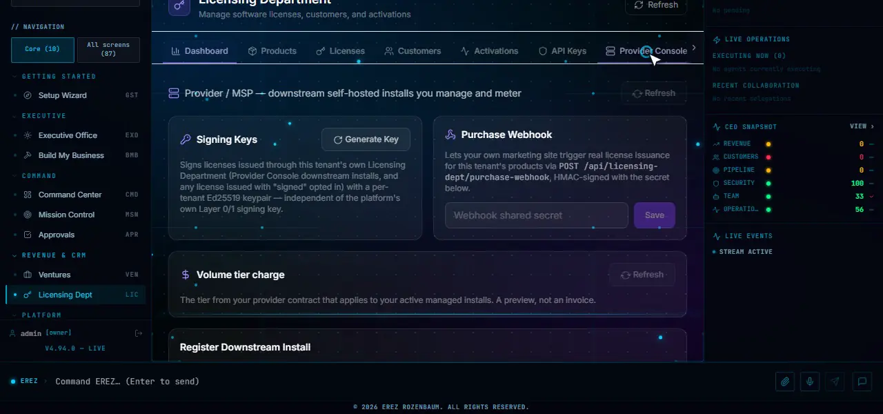 Provider Console in the Licensing Department with signing keys, purchase webhook and volume tier charge.