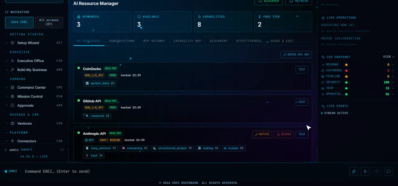 AI Resource Manager listing configured AI resources and their capabilities.