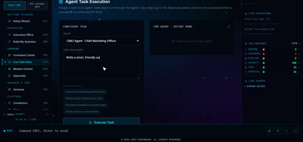 Agent task execution screen: a task assigned to the CMO agent with its description and run status.