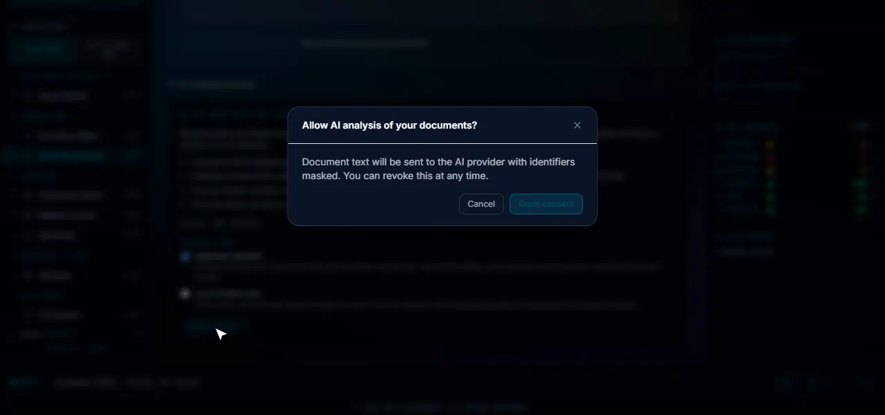 Build My Business sources step: the AI-analysis consent dialog and a plain-language description of the business.